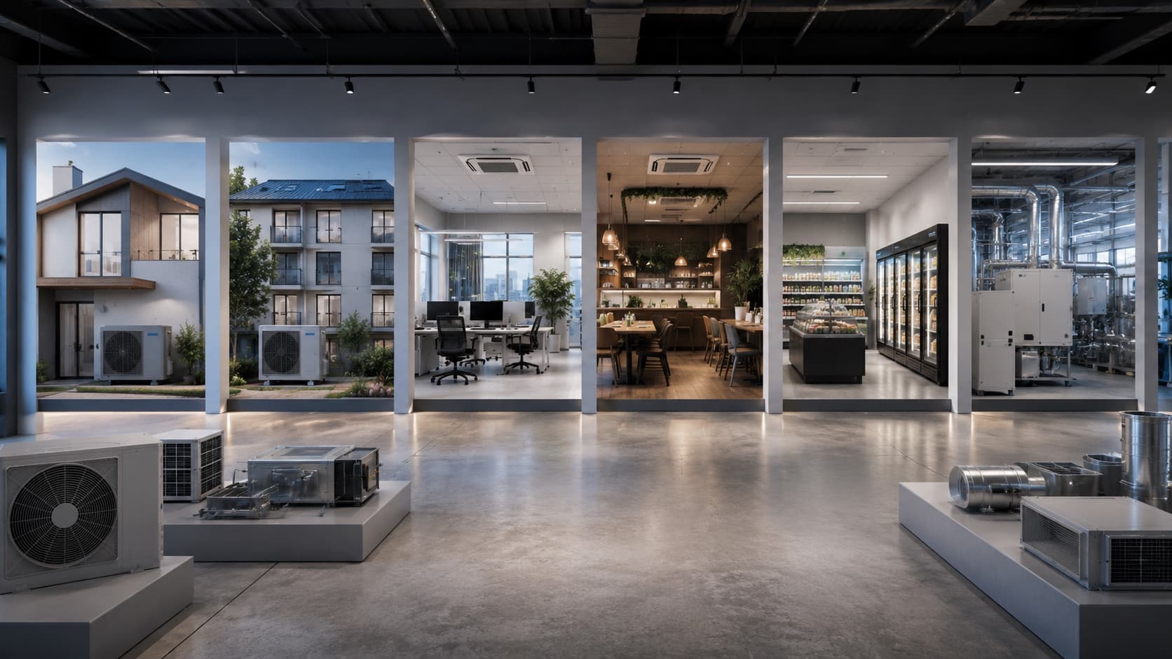 Seis ambientes de instalación: vivienda unifamiliar, edificio de viviendas, oficina, hostelería, comercio de alimentación y sala técnica industrial.